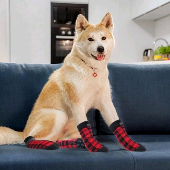 Plaid Double-sided Anti Slip Dog Socks For Hot And Cold Roads LARGE - Picture 4 of 6